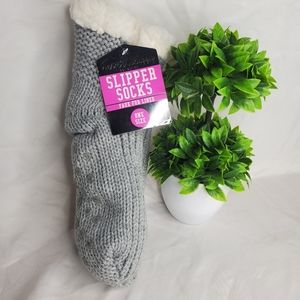 ◇ Faux Sherpa Gray Knit Slipper Socks One Size